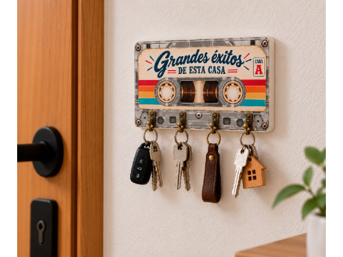 ALT imagen principal
Colgador de llaves de MDF con diseño de cassette retro Grandes éxitos de esta casa y 4 ganchos metálicos. 2