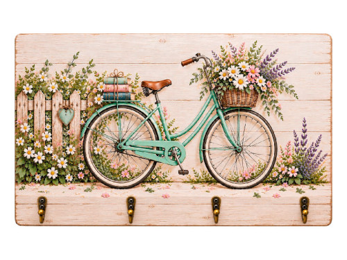 Colgador de llaves de MDF con bicicleta vintage, flores y 4 ganchos metálicos.