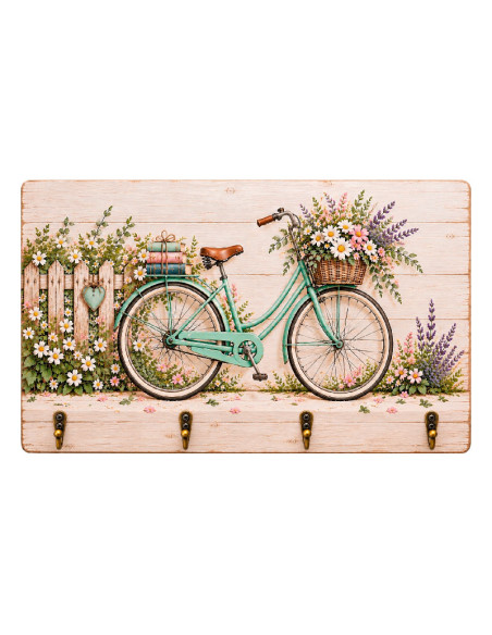 Colgador de llaves de MDF con bicicleta vintage, flores y 4 ganchos metálicos.