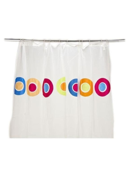 Cortina de ducha blanca con diseño de aros y círculos de colores.