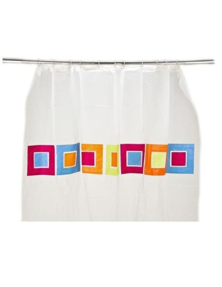 Cortina de ducha blanca con diseño geométrico de cuadros de colores.