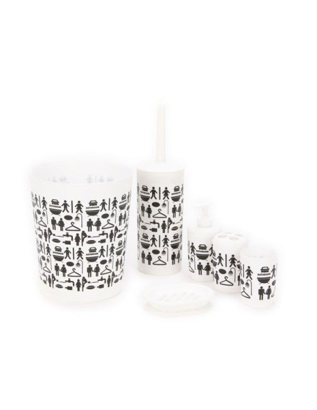 Set de baño de cinco piezas con diseño de símbolos en blanco y negro.